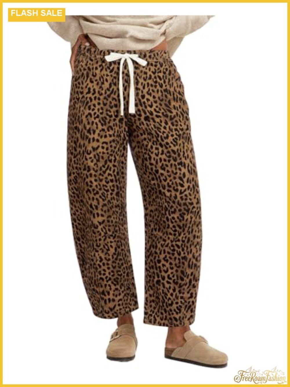 High Waisted Barrel Jeans Women Leopard Print Pull On Wide Leg Stretchy Denim